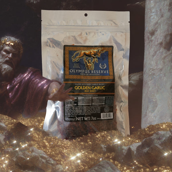 Golden Garlic beef jerky bag by Olympus Reserve